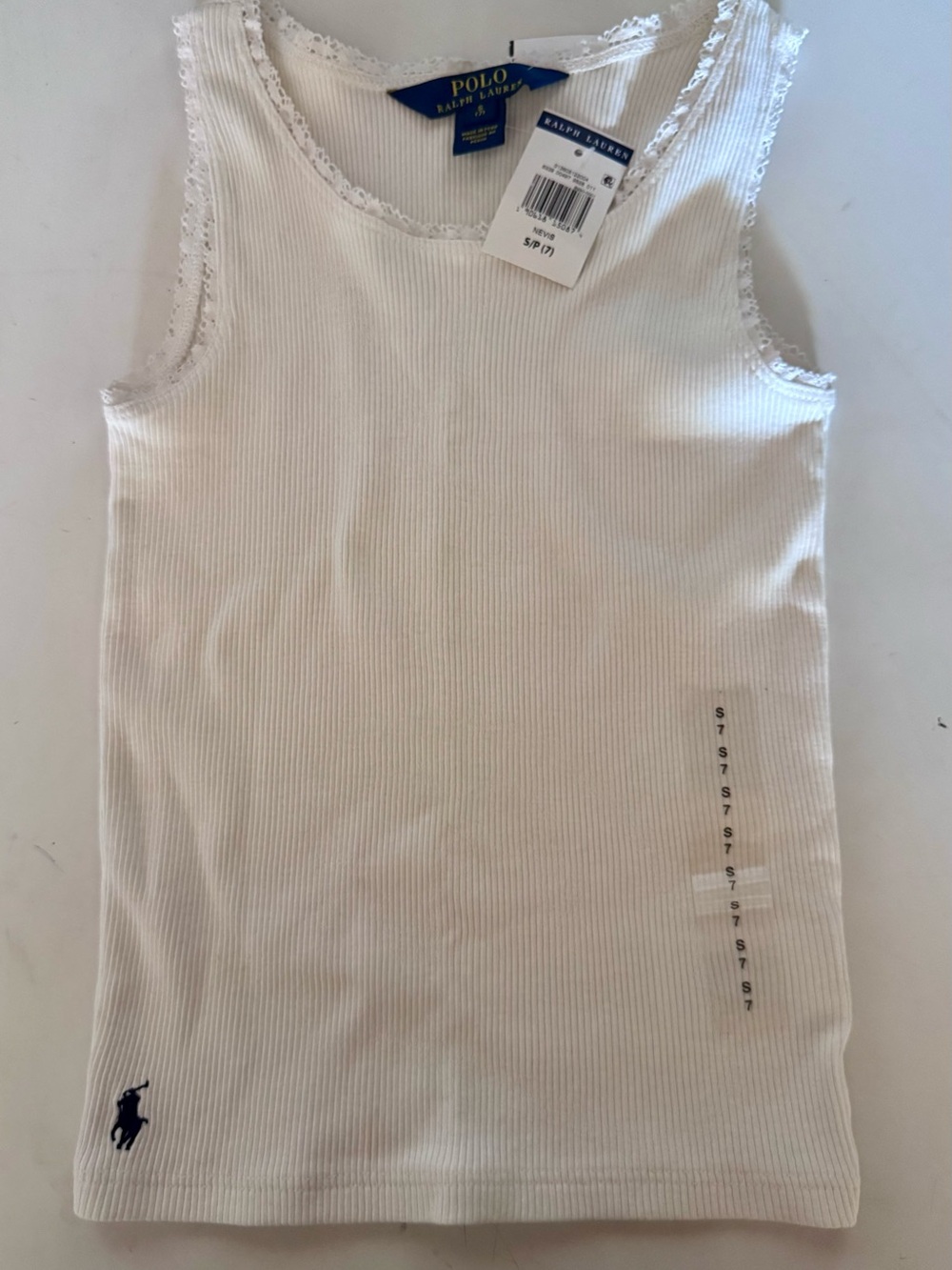 Polo by Ralph Lauren White Ribbed Tank with Navy Pony Accent